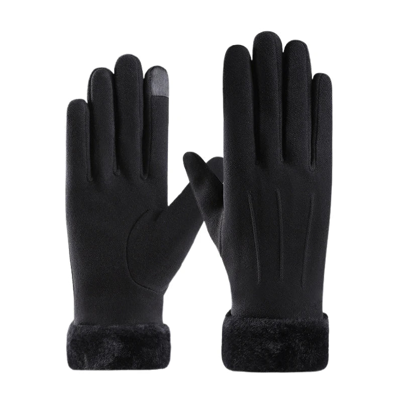 Women Winter Warm Suede Gloves Plus Velvet Thickened Cuff Outdoor Coldproof Touchscreen Riding Ski Gloves