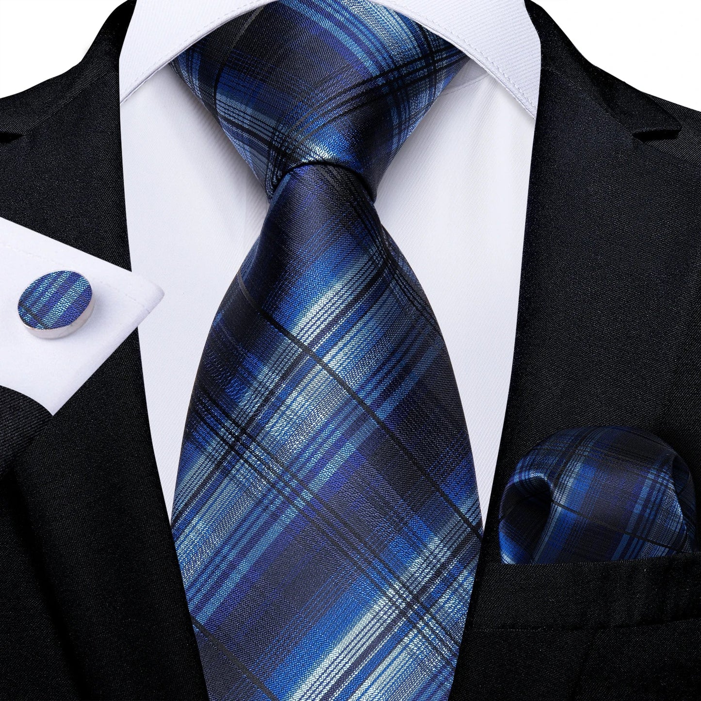 New Classic 100% Silk Men's Ties 8cm Blue Plaid Dot Striped Business Necktie Handkerchief Wedding Party Tie Set