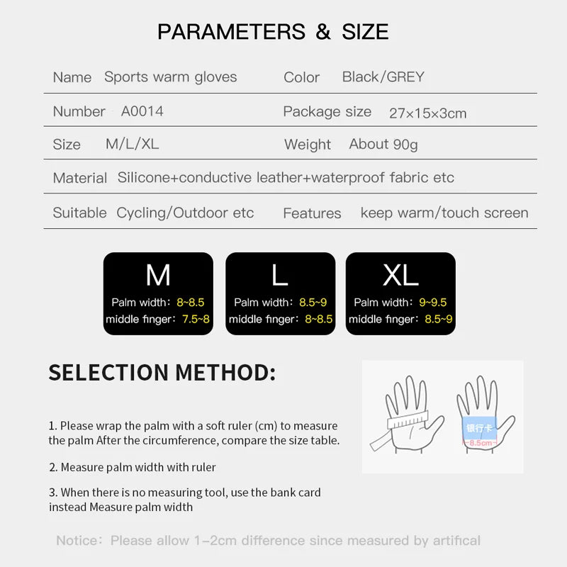 Men Winter Gloves Sports Bike Snow Bicycle Gloves Touchscreen Windproof Silicone Waterproof