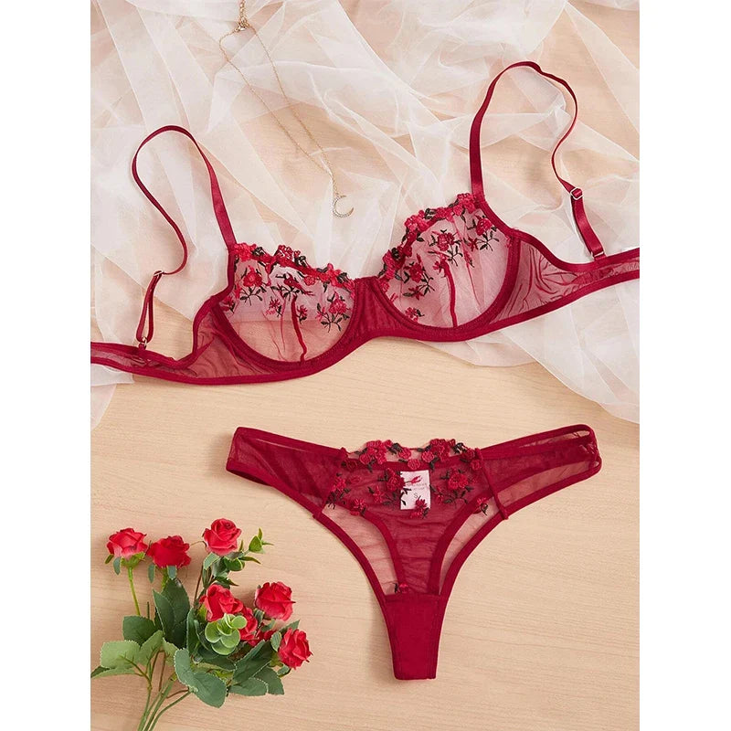 Women's Sexy Transparent Underwear Brasserie Sets Embroidered Flowers