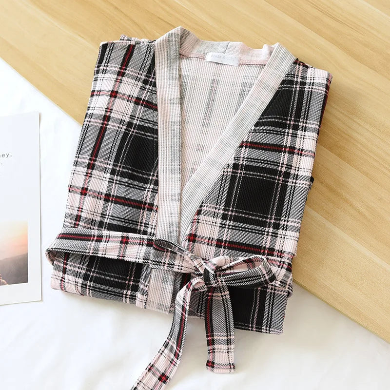 Spring and Autumn Cotton Waffle Kimono Bathrobe