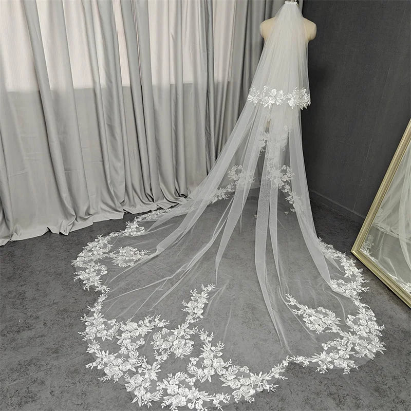 Wedding Veil with Shiny Sequins Lace Customized 2 Tiers 3 Meters Long Bridal Veil with Comb
