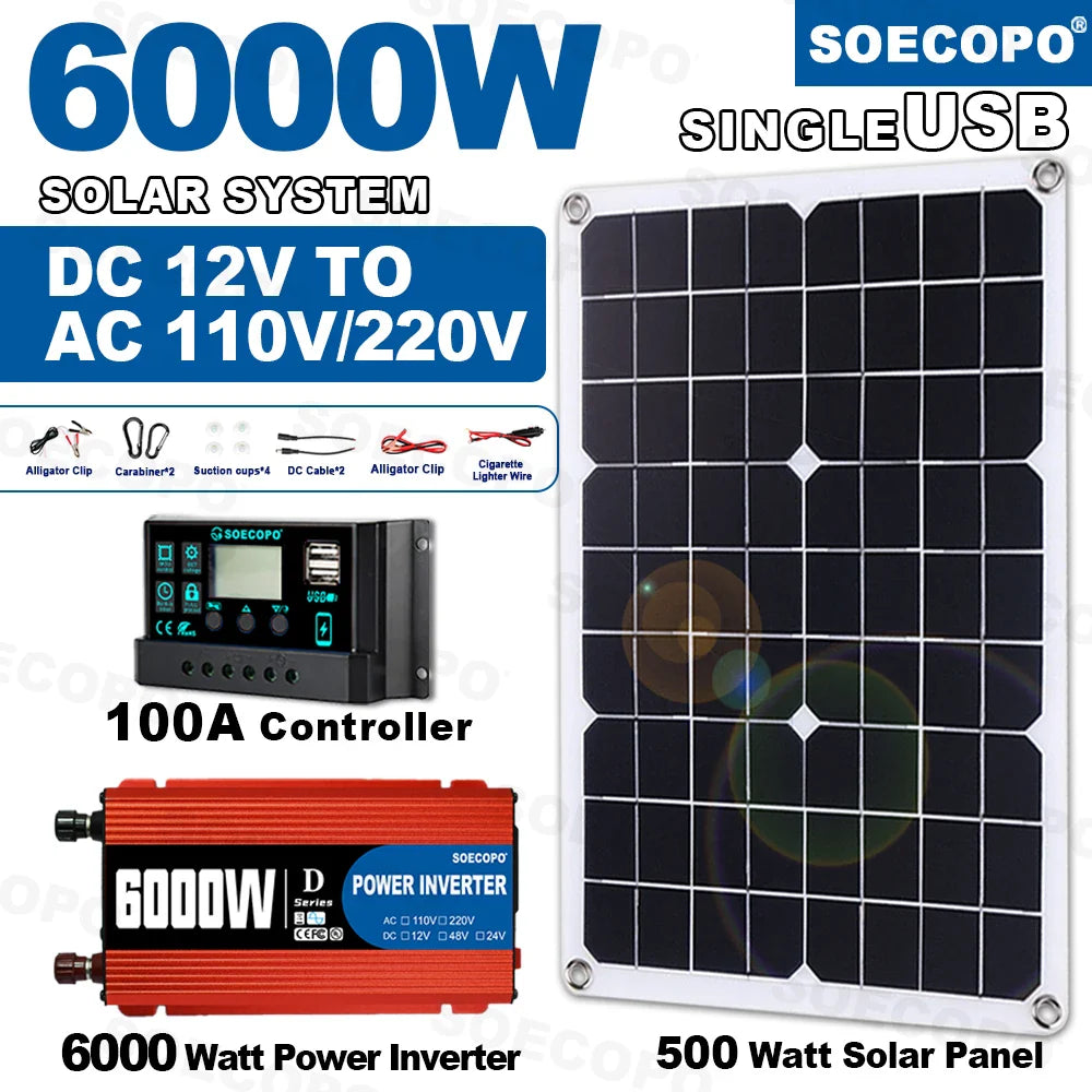 SOECOPO 6000W System Complete Kit 500W Panel Solar DC 12V to AC 110V/220V Inverter 100A Controller Off-Grid for Home Camping