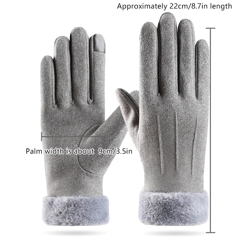 Women Winter Warm Suede Gloves Plus Velvet Thickened Cuff Outdoor Coldproof Touchscreen Riding Ski Gloves