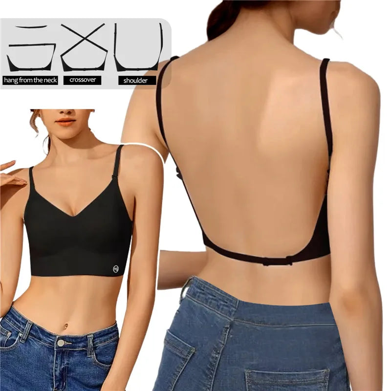 Women Invisible Seamless Push Up Bra Backless Low Cut Plunge Brassiere