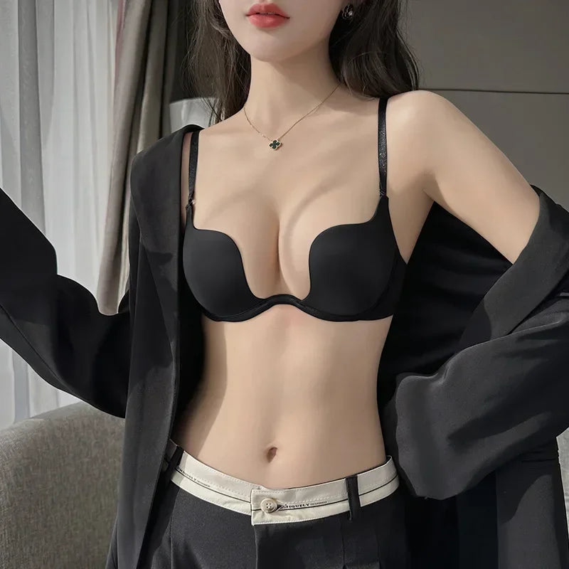 Women Push Up Bra Backless Bras Low Cut Sexy Plunge Brassiere Open Back Underwear Invisible Bra Seamless Deep U Lingerie