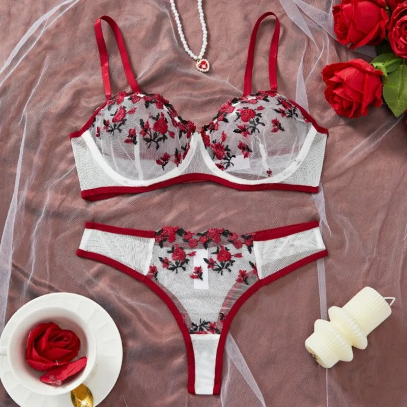 Women's Sexy Transparent Underwear Brasserie Sets Embroidered Flowers