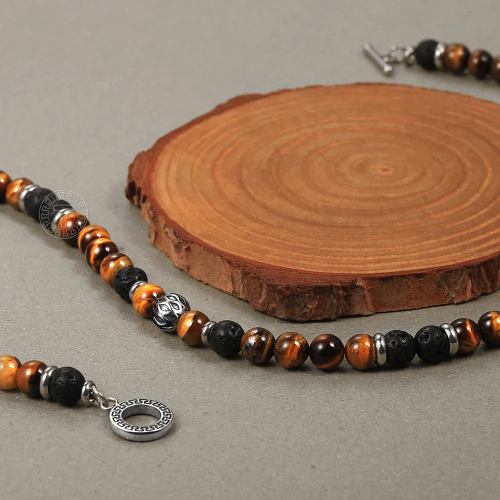 Natural Stone Tiger Eyes Lava Bead Men's Necklace Stainless Steel Beaded 8mm 18/20inch