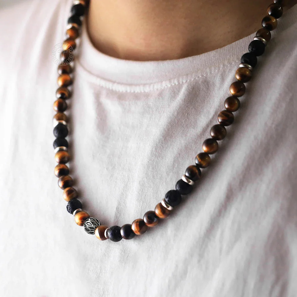 Natural Stone Tiger Eyes Lava Bead Men's Necklace Stainless Steel Beaded 8mm 18/20inch