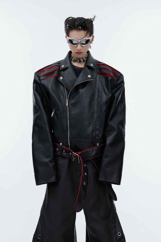Short Deconstructed Biker Leather Jacket - Pleated Spine and Heavy Stitching