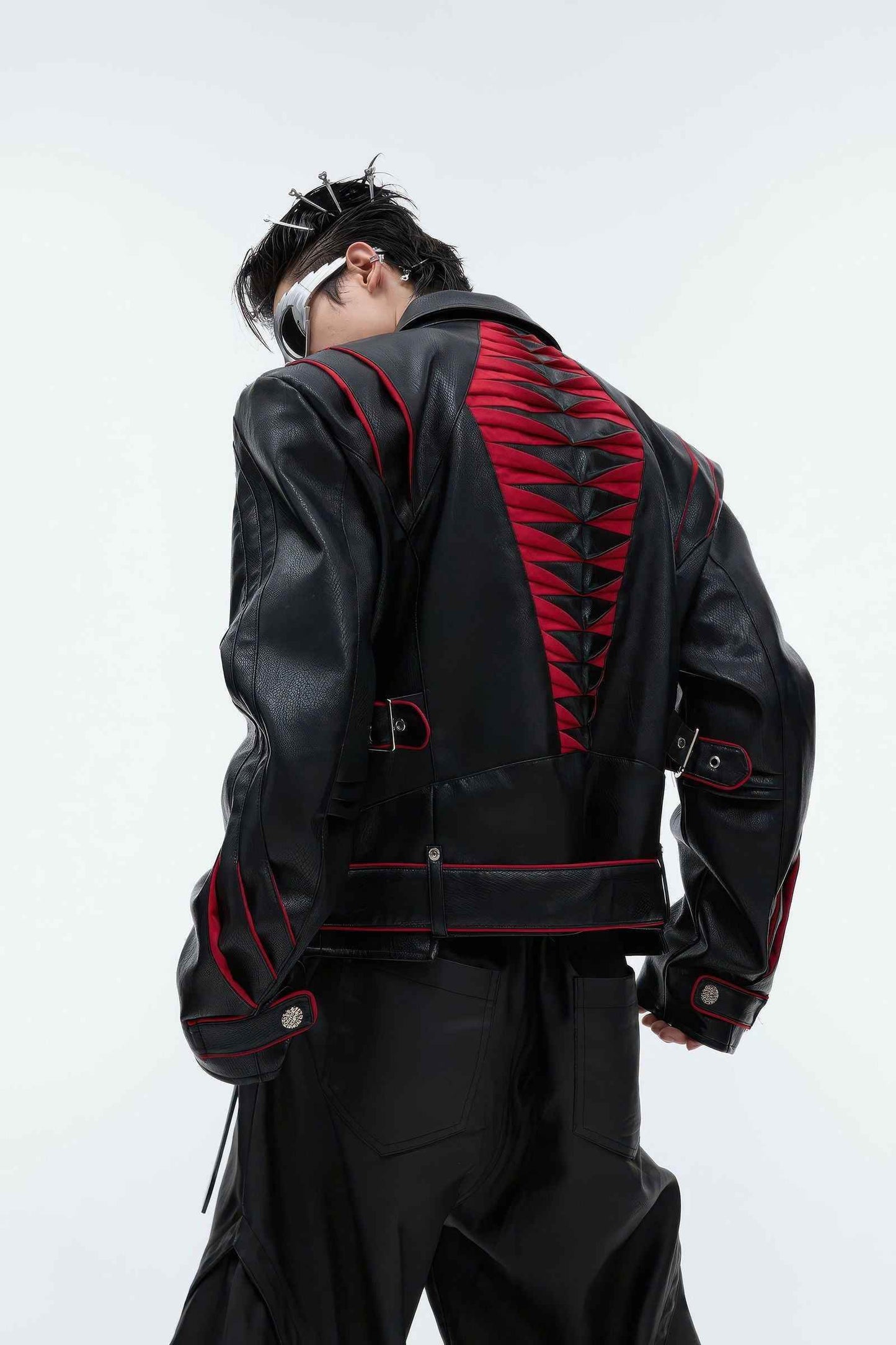 Short Deconstructed Biker Leather Jacket - Pleated Spine and Heavy Stitching