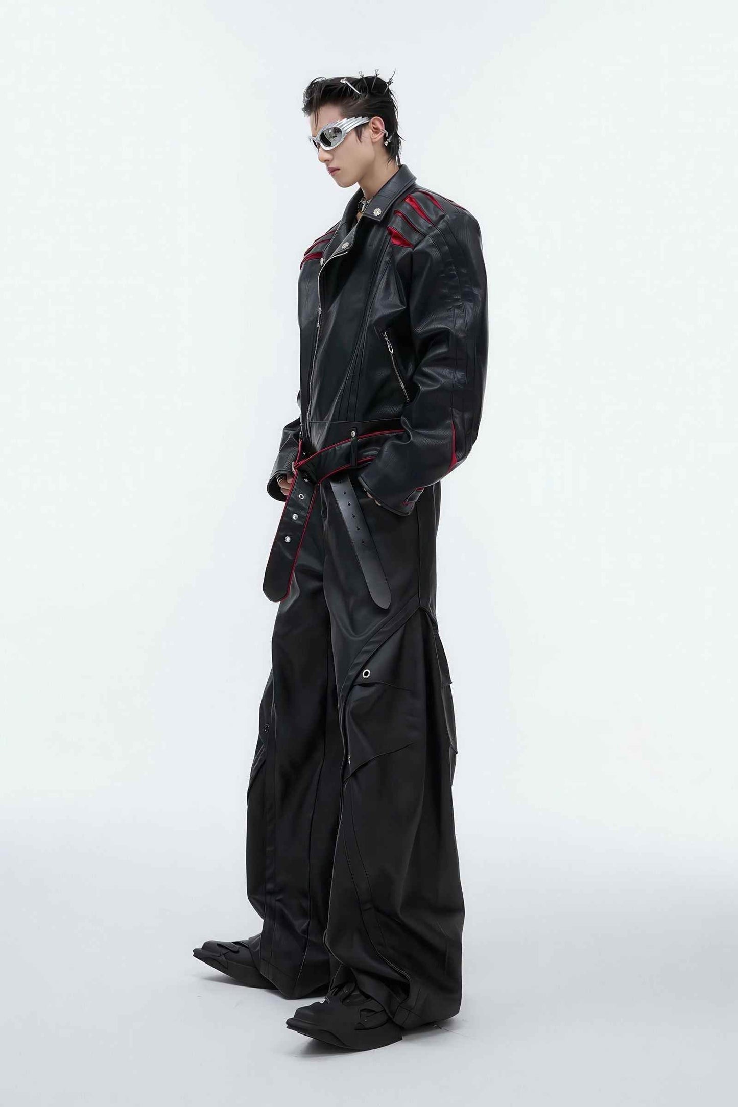 Short Deconstructed Biker Leather Jacket - Pleated Spine and Heavy Stitching
