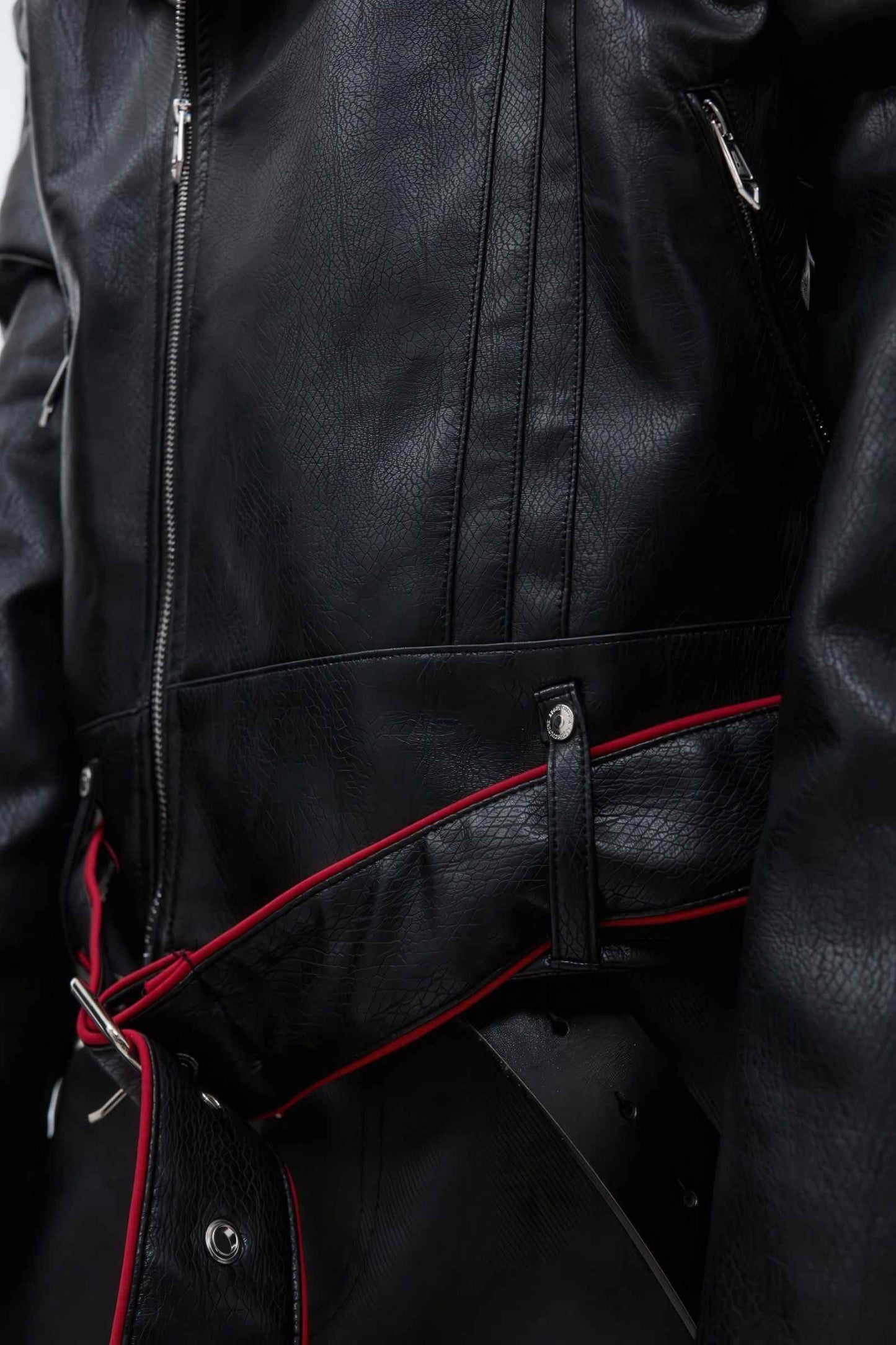 Short Deconstructed Biker Leather Jacket - Pleated Spine and Heavy Stitching