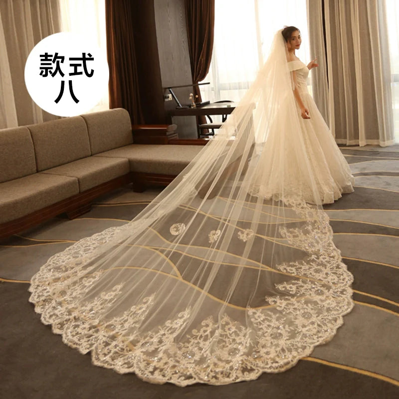 Super Long Tail White Lace Premium Wedding Veil