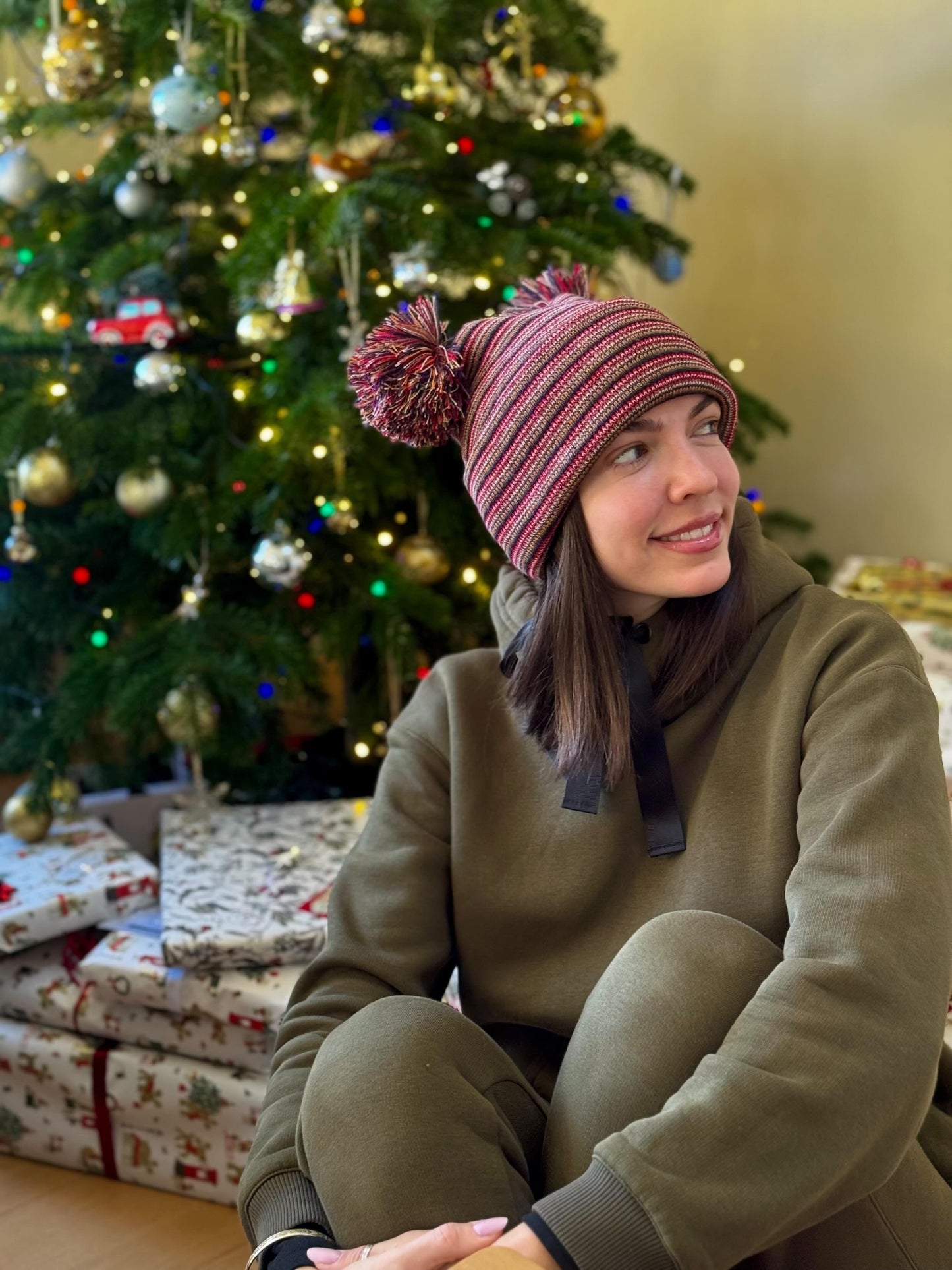 Double Pom Pom, H Stitch Beanie, Multi Color Hat