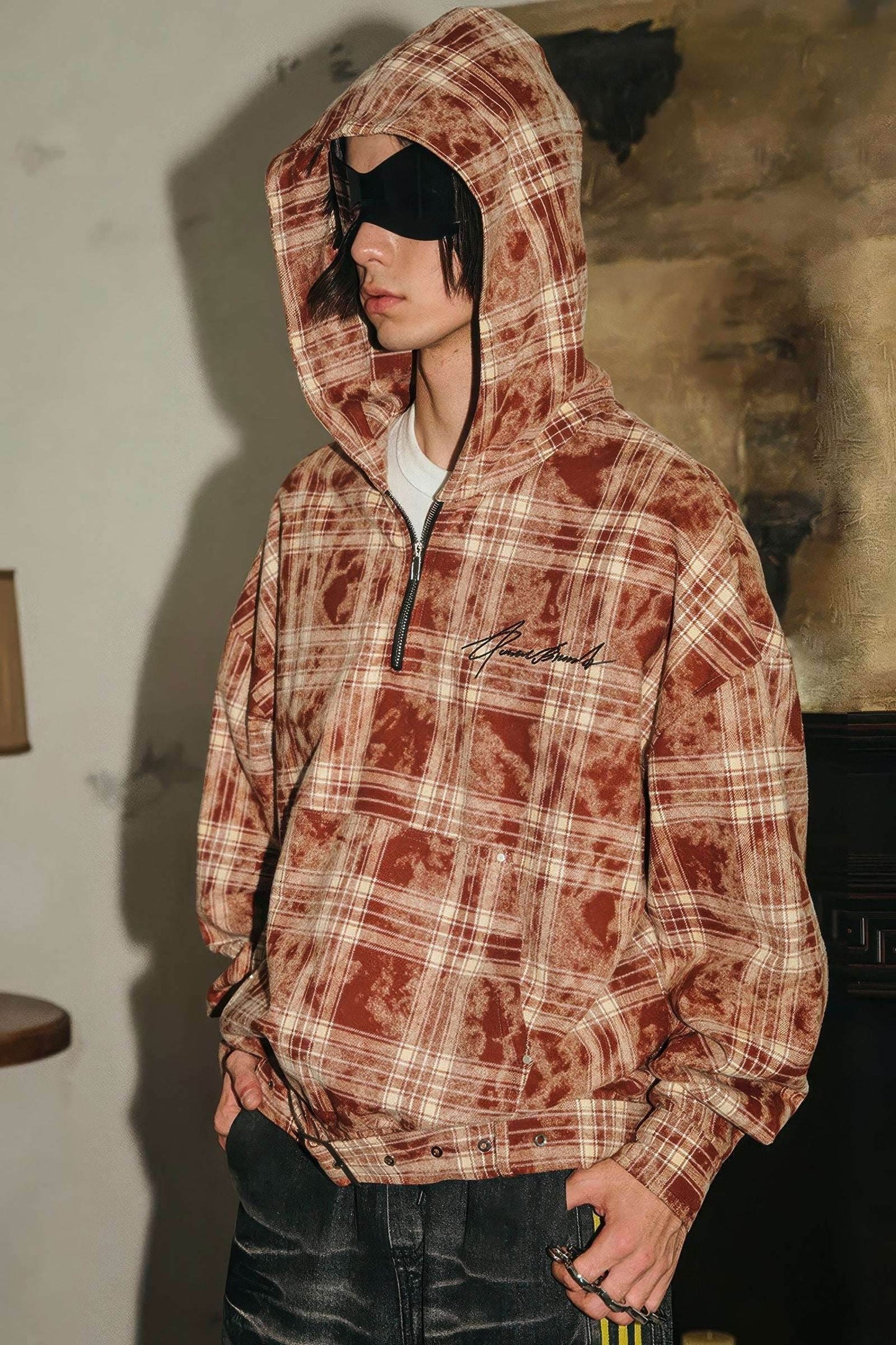 Tie-Dye Hoodie - Half-Zip Belted Checkered Loungewear