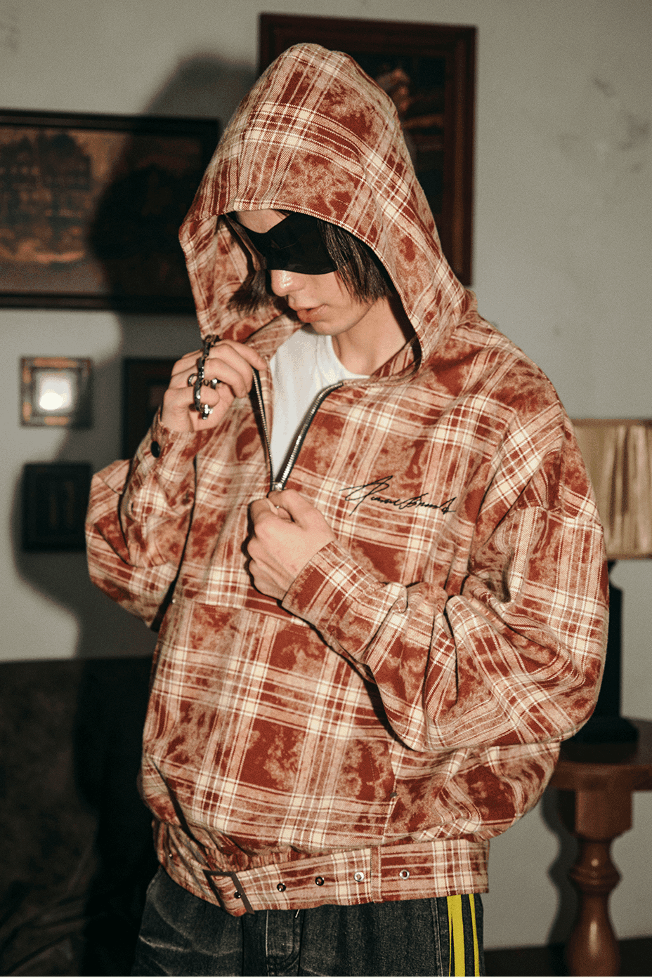 Tie-Dye Hoodie - Half-Zip Belted Checkered Loungewear