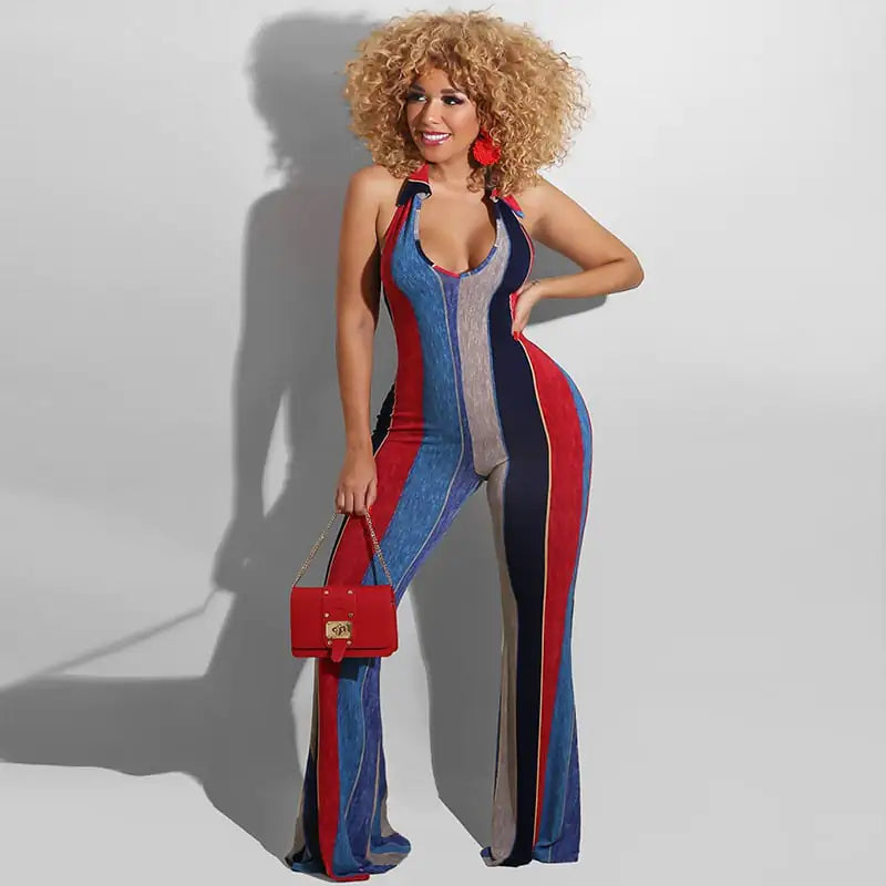 Striped Halter Jumpsuit with Horns for a Bold Look