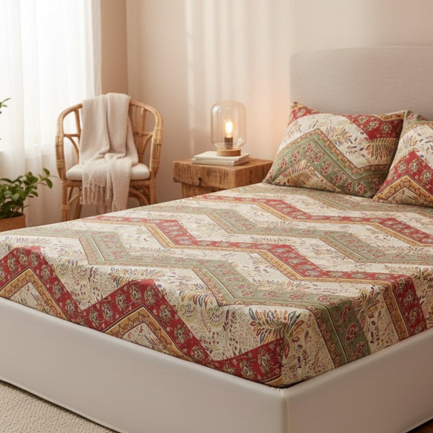 DaDa Bedding Botanical Cranberry Sage Chevron Floral Fitted Bed Sheet w/ Pillow Cases (JHW-924-Fitted)
