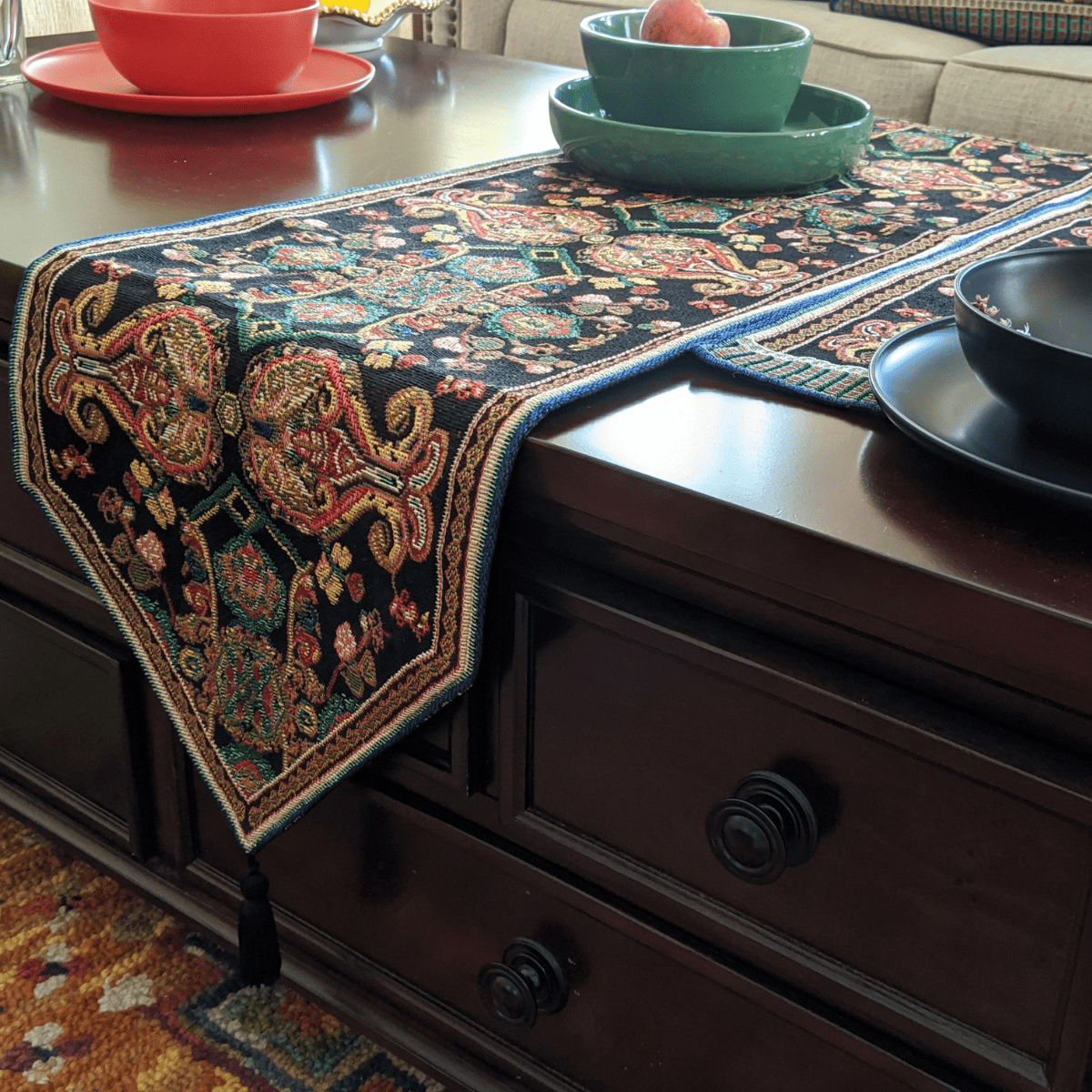 Tache Elegant Black Ornate Paisley Woven Tapestry Table Runner (18192)