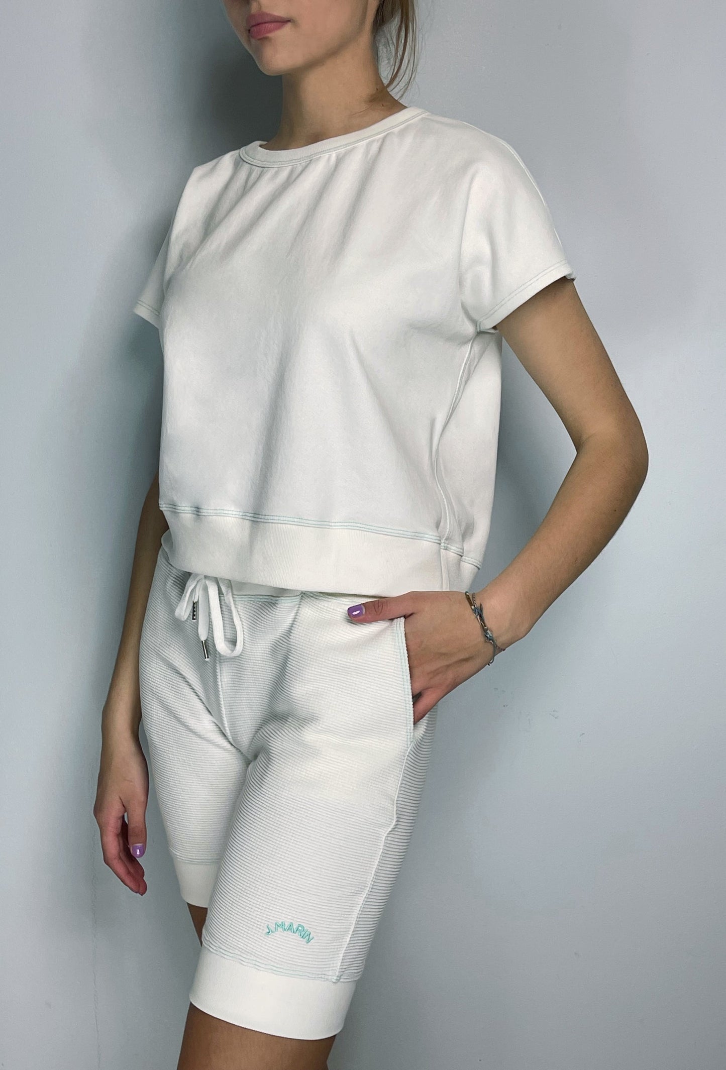 The Knicker Short - Natural/Marine Green Stitch