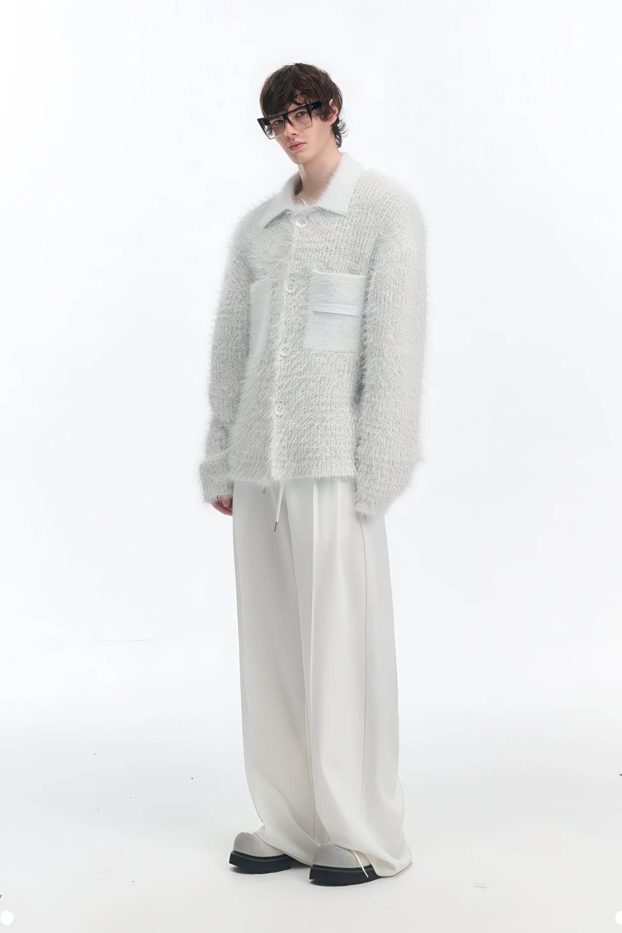 White Chunky Knit Cardigan - Ceramic Button & Shawl Collar Design