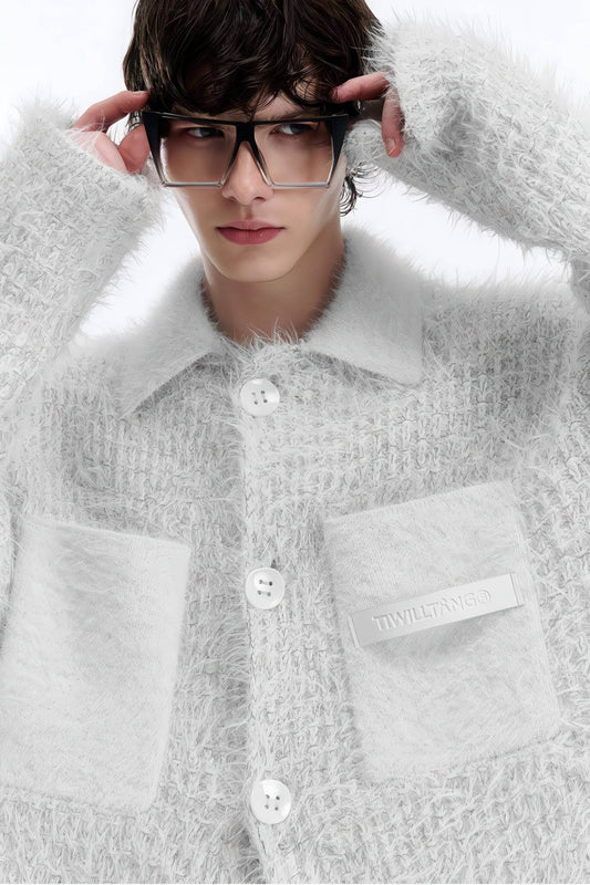 White Chunky Knit Cardigan - Ceramic Button & Shawl Collar Design