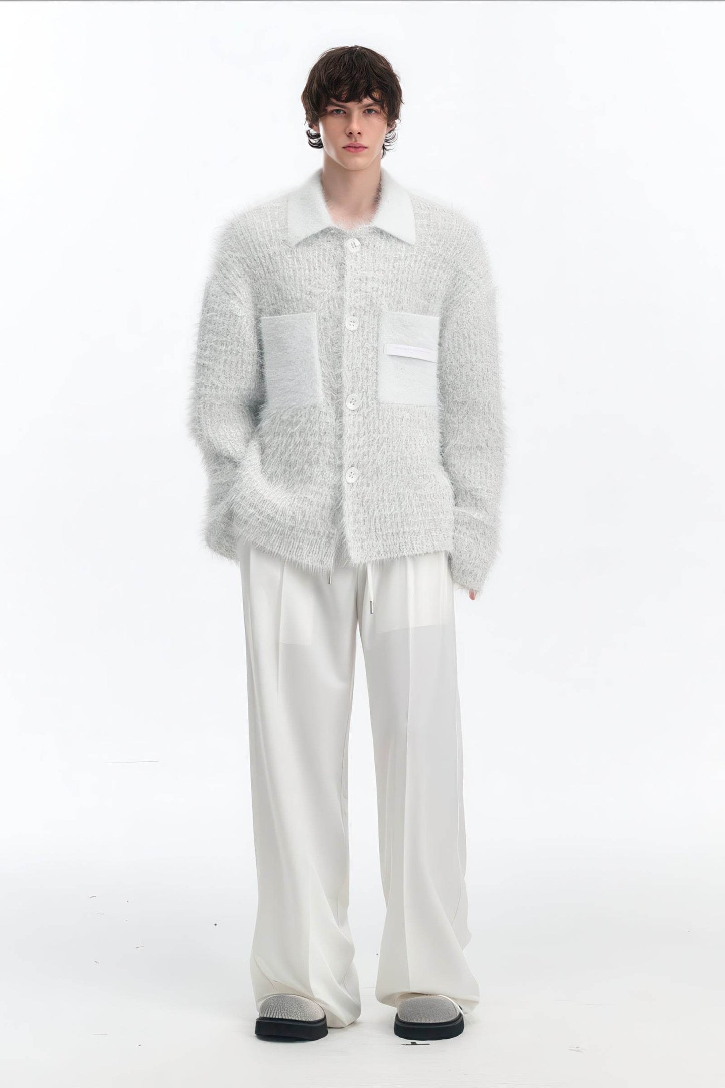 White Chunky Knit Cardigan - Ceramic Button & Shawl Collar Design