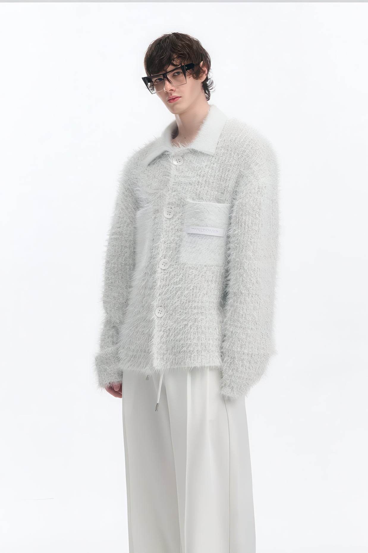 White Chunky Knit Cardigan - Ceramic Button & Shawl Collar Design