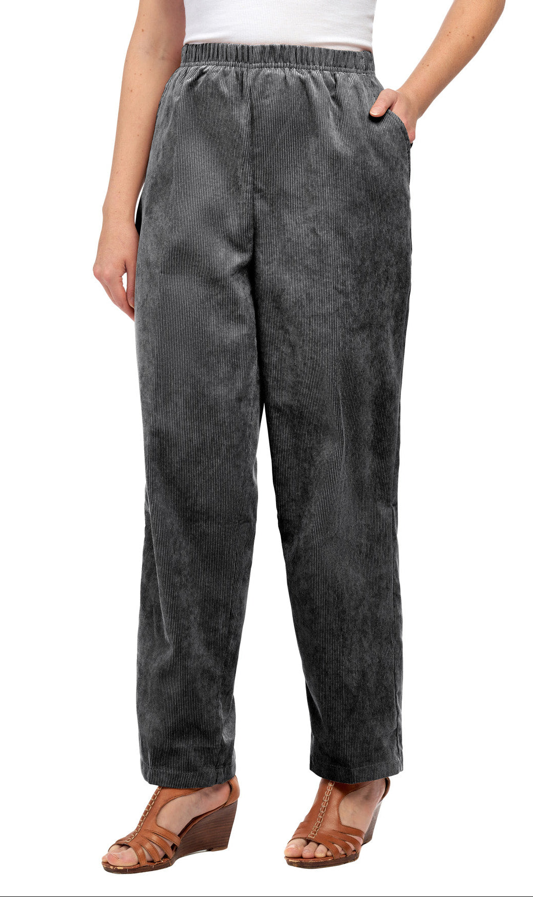 Womens Pull On Fine Wale Corduroy Pants with soft-covered elastic waist