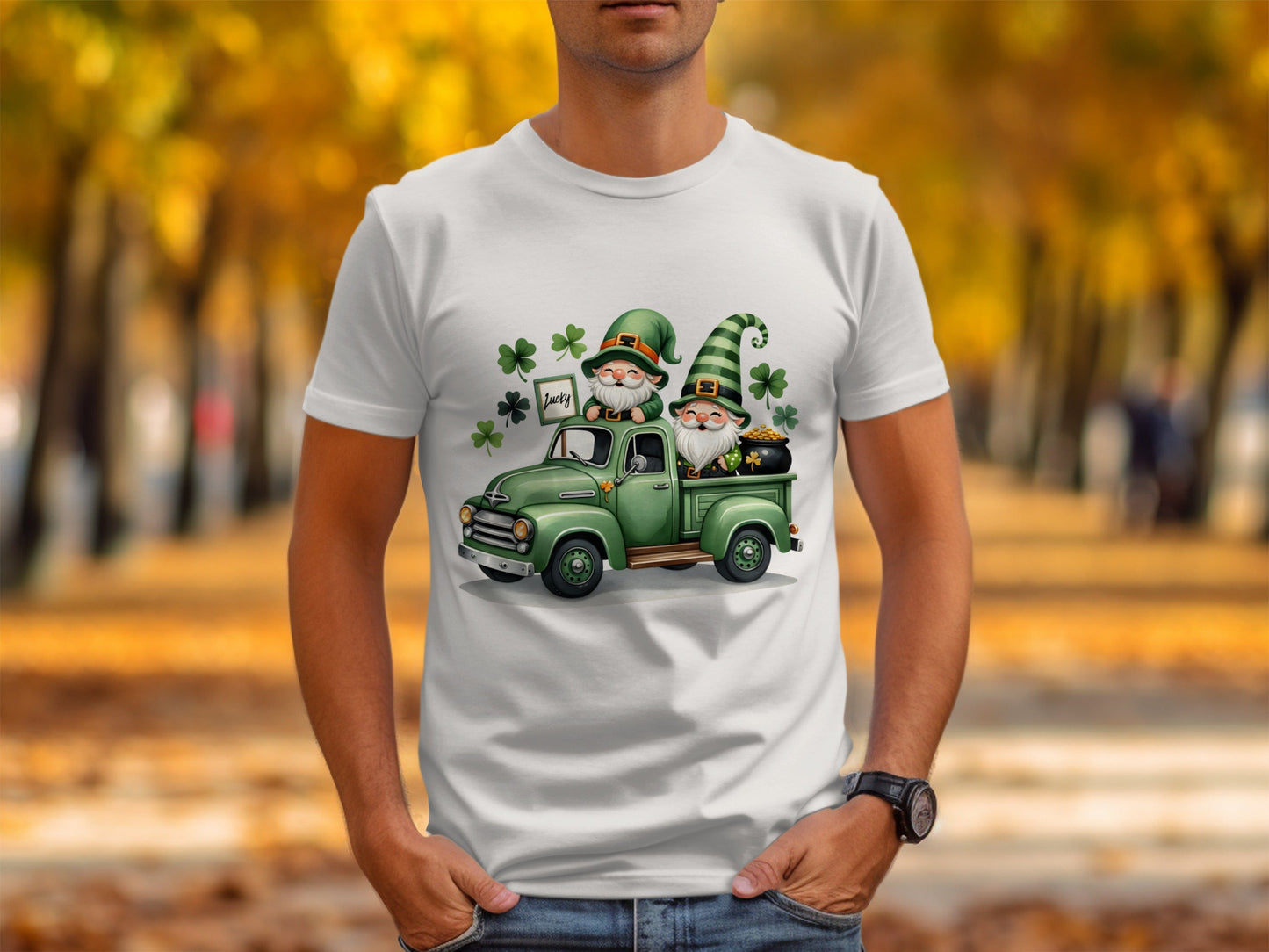 St Patricks Day T-Shirts, Lucky Gnomes, Green Truck, Four Leaf Clover, Irish, Leprechaun, Holiday, Festive, Cute