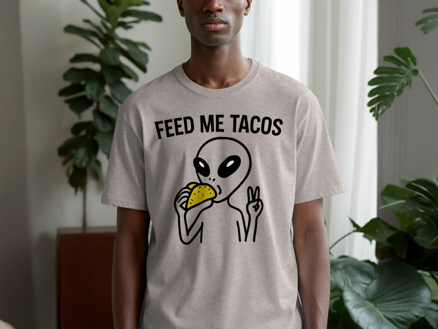 Feed Me Tacos Alien with Peace Sign Funny T-Shirt