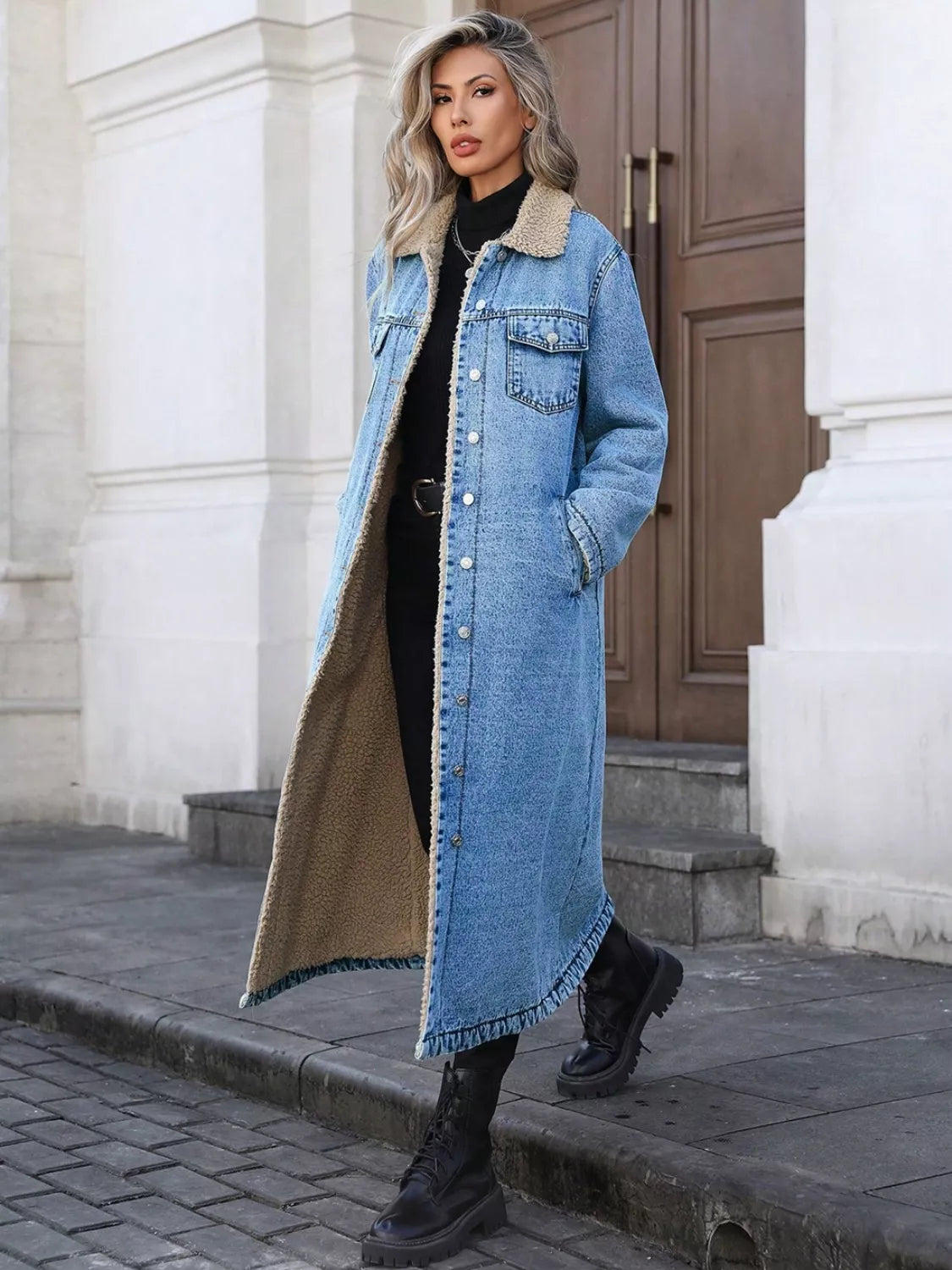 Sherpa Lined Longline Denim Jacket