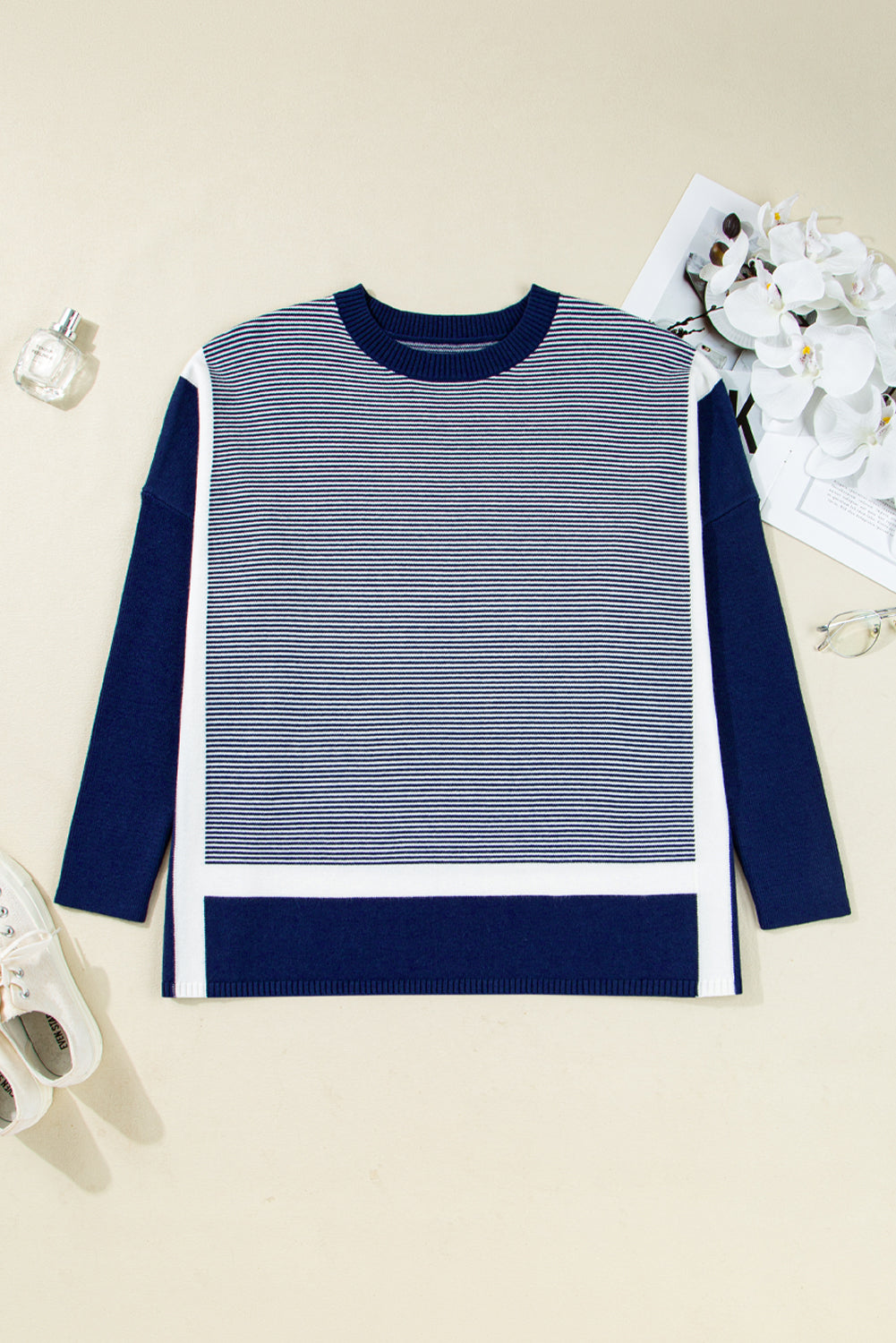 Blue Striped Colorblock Patchwork Dolman Oversize Tunic Sweater