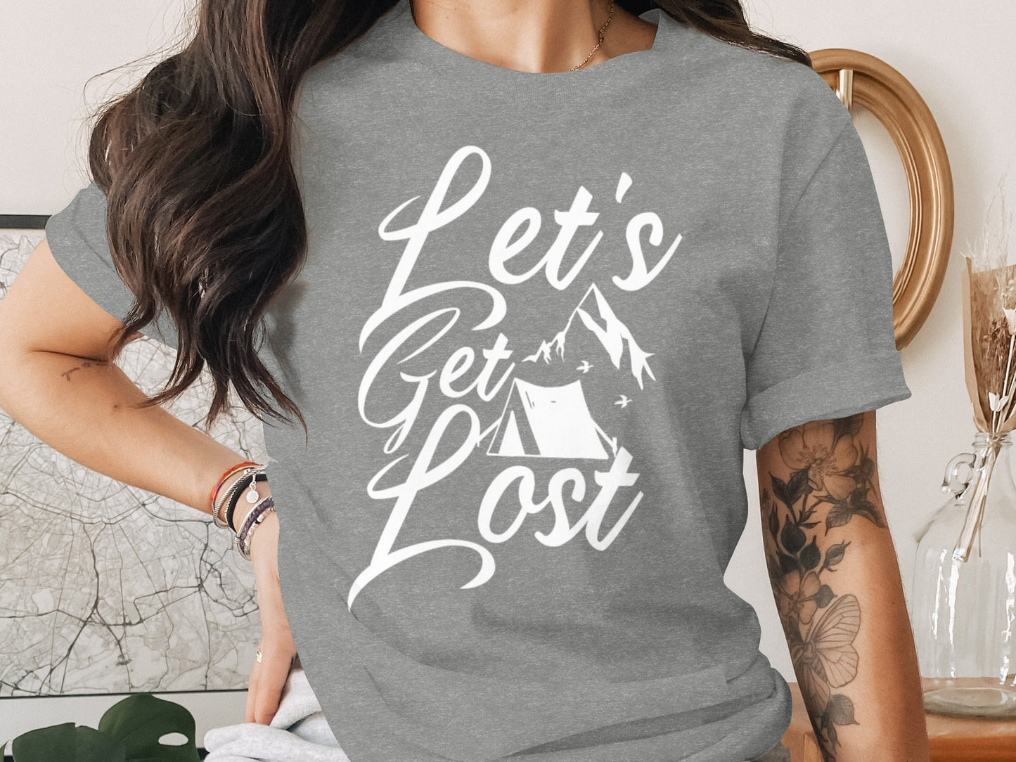 Lets Get Lost Tent and Mountain Graphic Design T-Shirt
