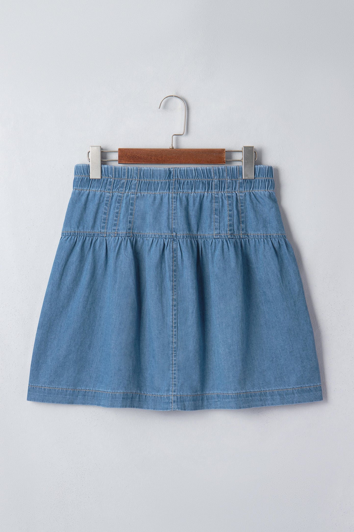 Sky Blue Half Buttons Pleated High Waist Denim Mini Skirt with Drawstring