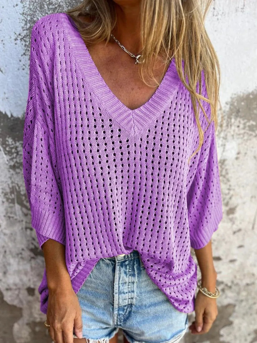 Full Size Openwork V-Neck Knit Cover Up Plus Size