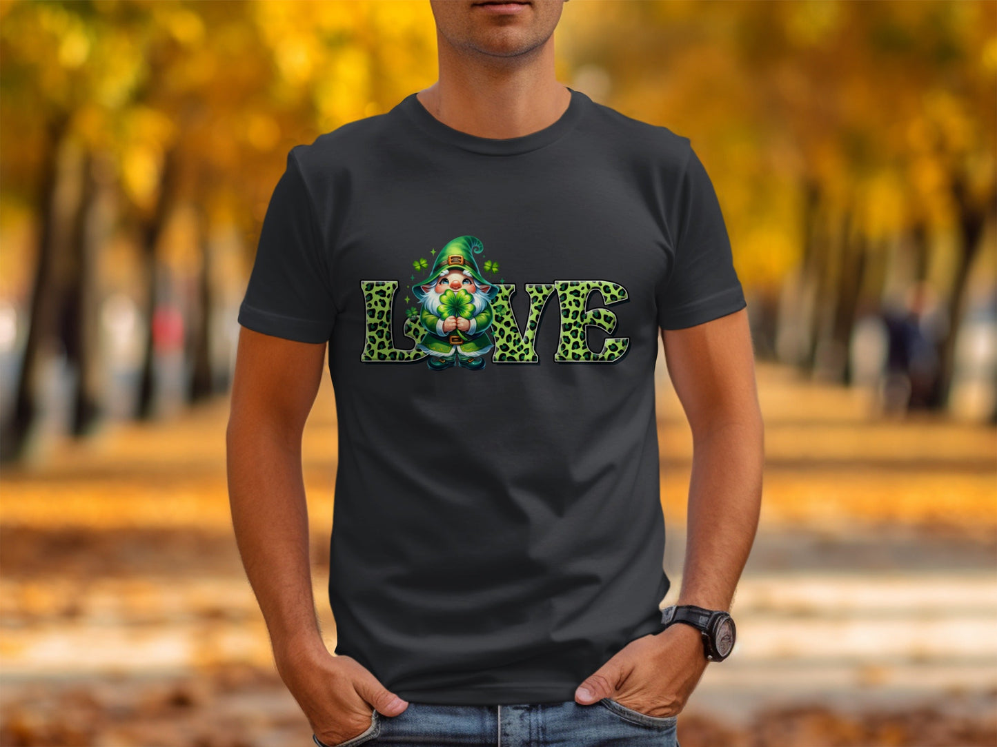 St Patricks Day Gnome T-Shirts, Four Leaf Clover Shirt, Love T Shirt, St Paddys Day Tee, Leopard Print Letters, Cute Irish T Shirts