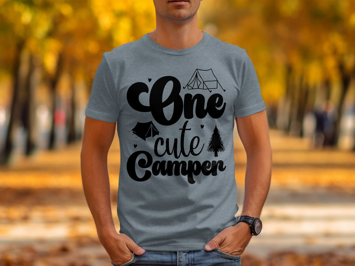 One Cute Camper Tent and Pine Tree Camping Design T-Shirt