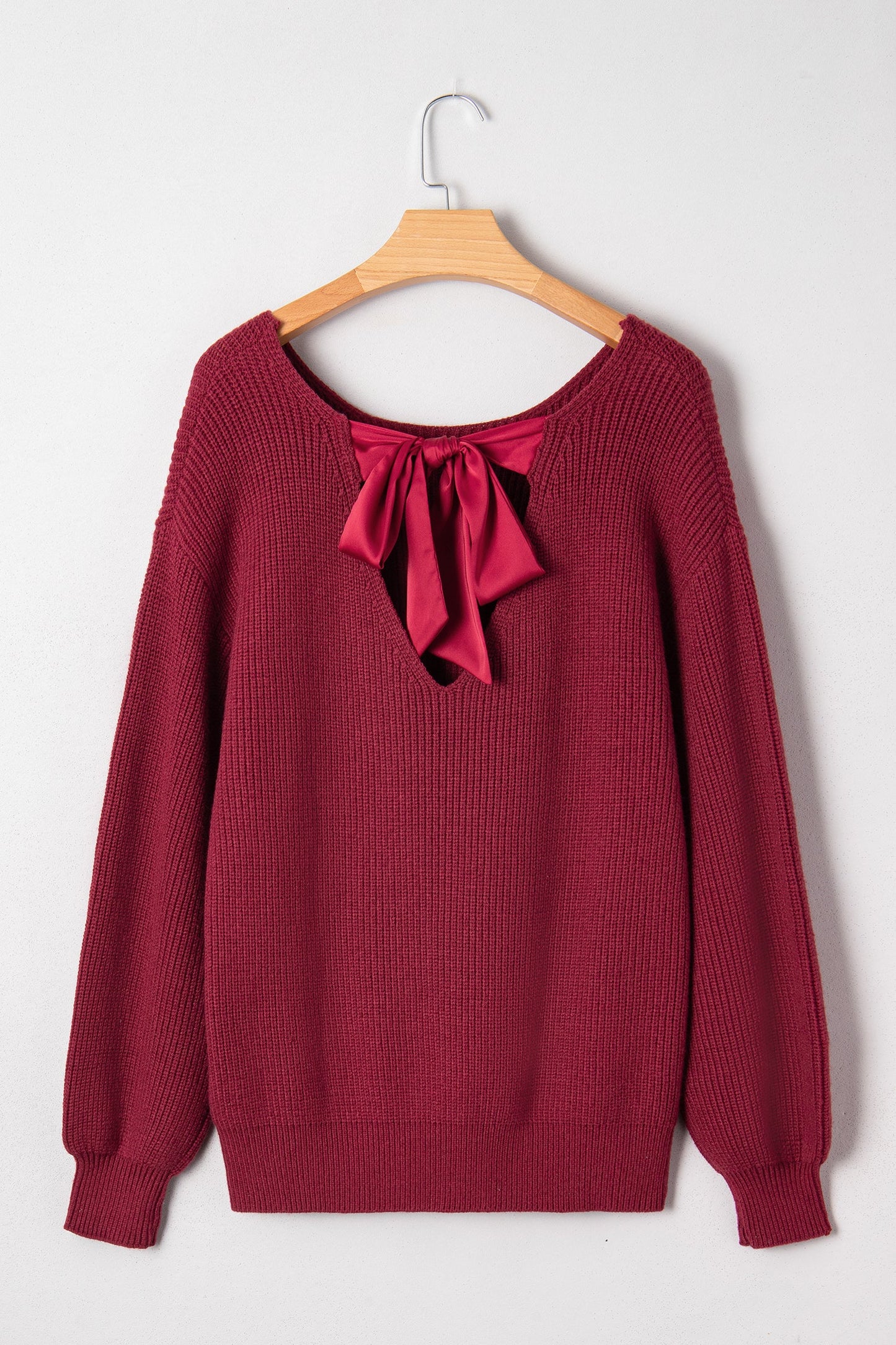 Jet Stream Ribbed Knit Ribbon Knot Backless Drop Shoulder Sweater