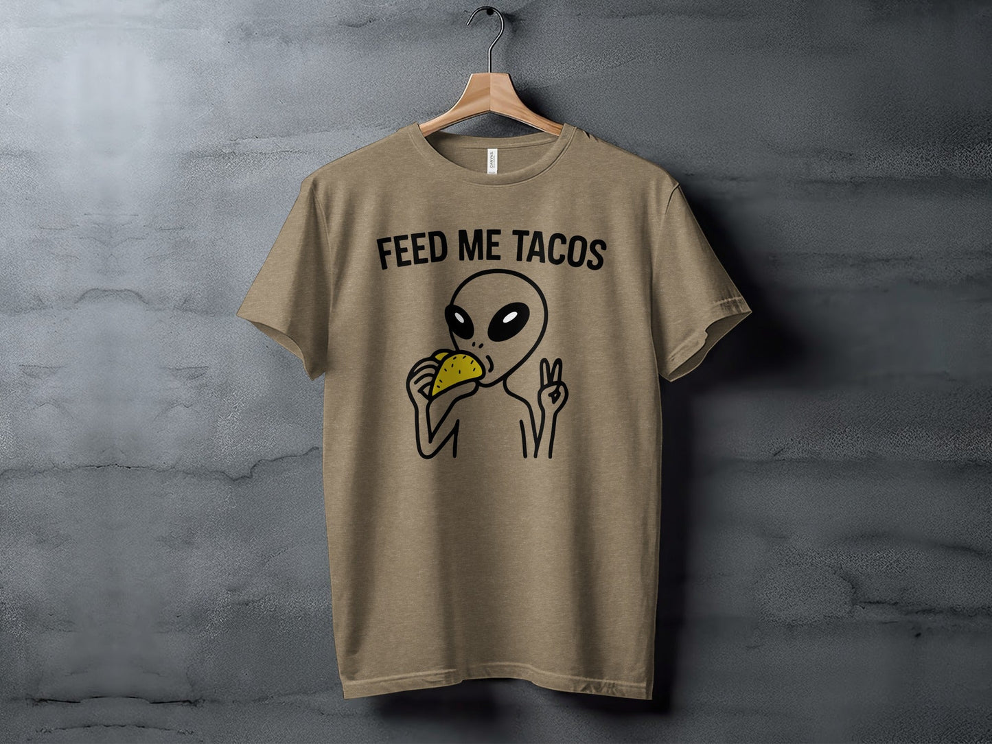 Feed Me Tacos Alien with Peace Sign Funny T-Shirt
