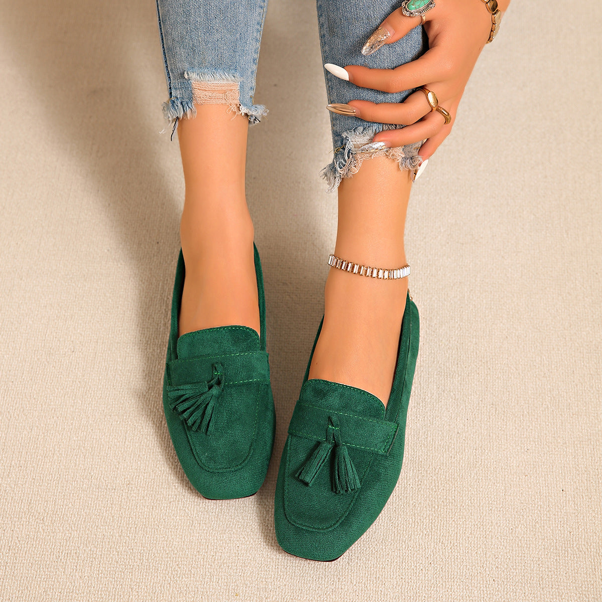 Women's Square Toe Slip-On Loafers – Tassel Suede Casual Flat Shoes
