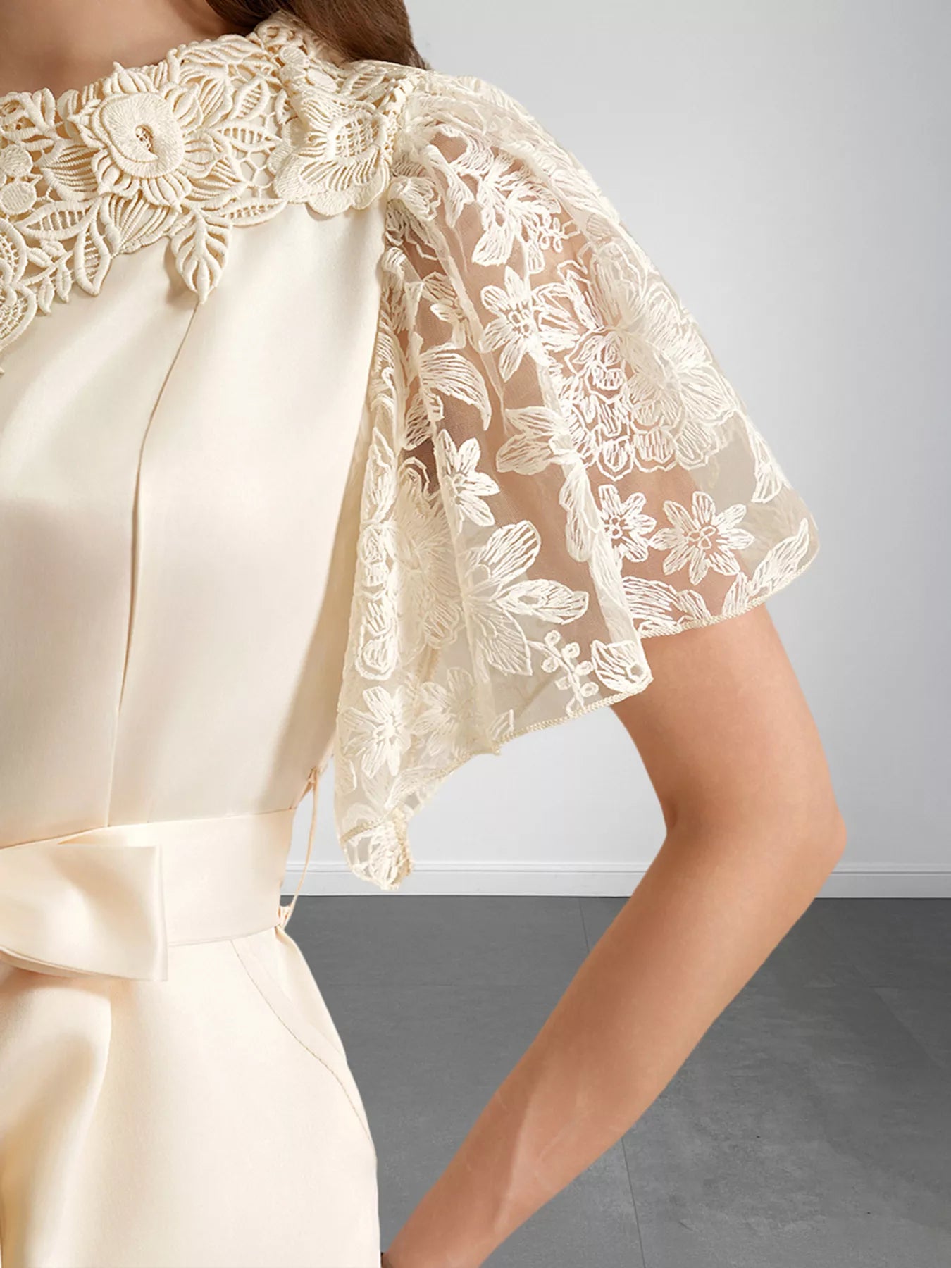 Lace Trim Belted Wide Leg Jumpsuit