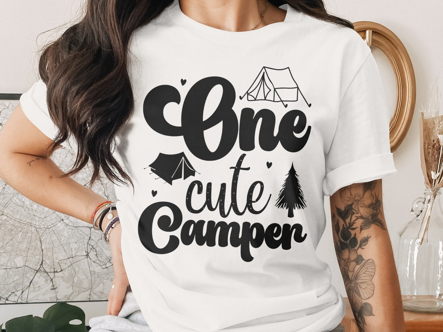 One Cute Camper Tent and Pine Tree Camping Design T-Shirt