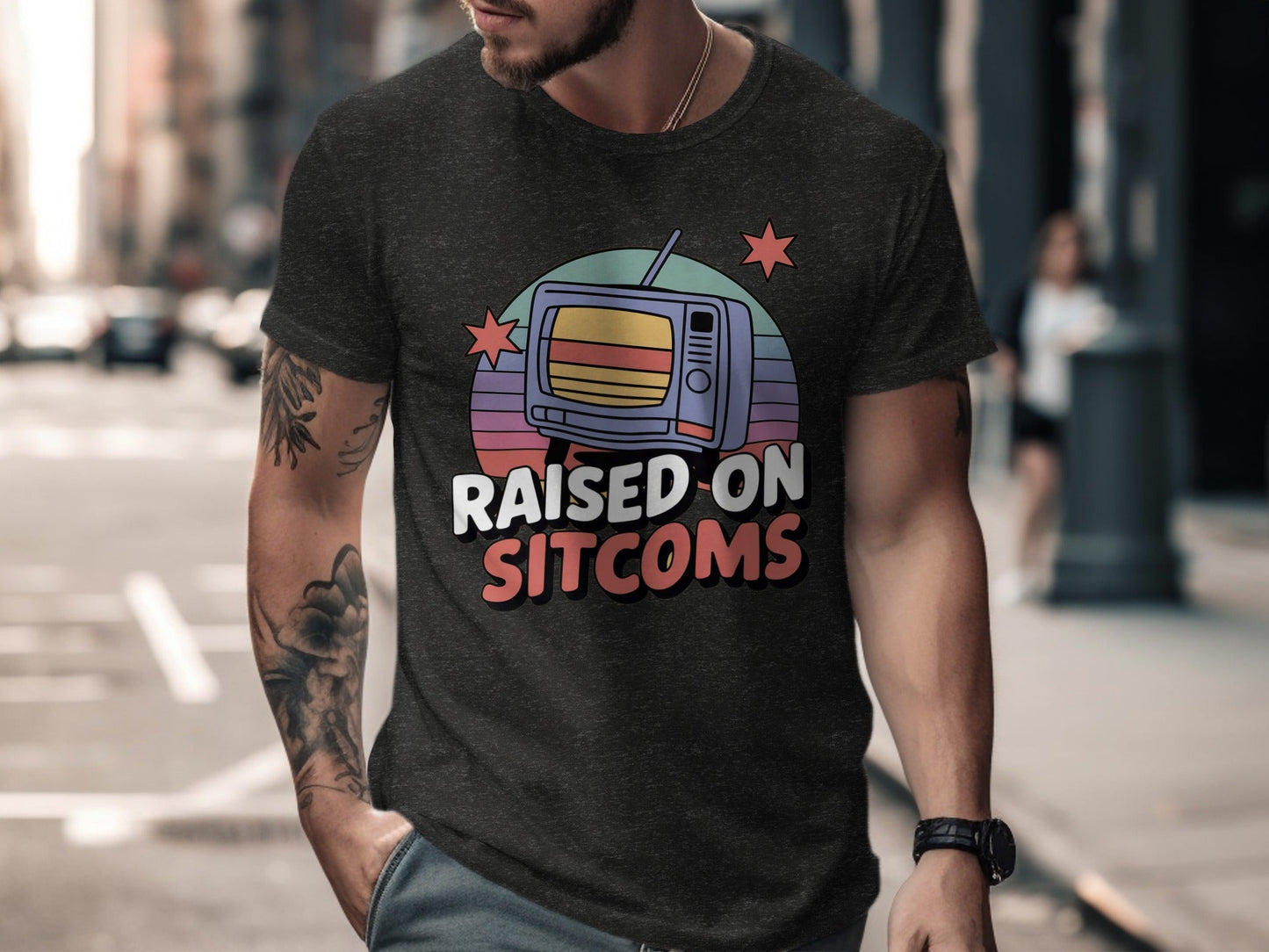 Raised On Sitcoms Retro Television Funny Design T-Shirt
