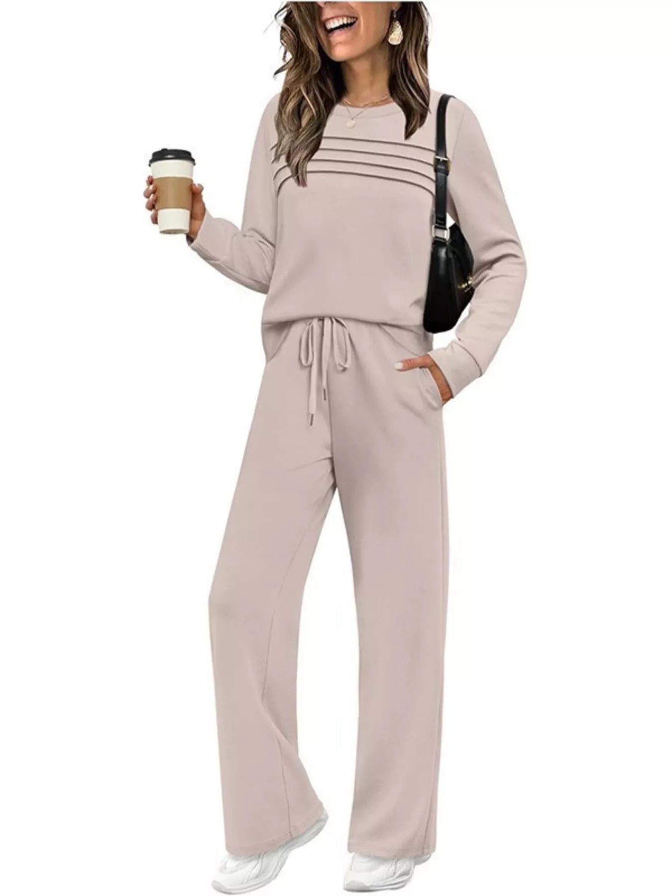 Full Size Long Sleeve Round Neck Top and Pants Set Plus Size
