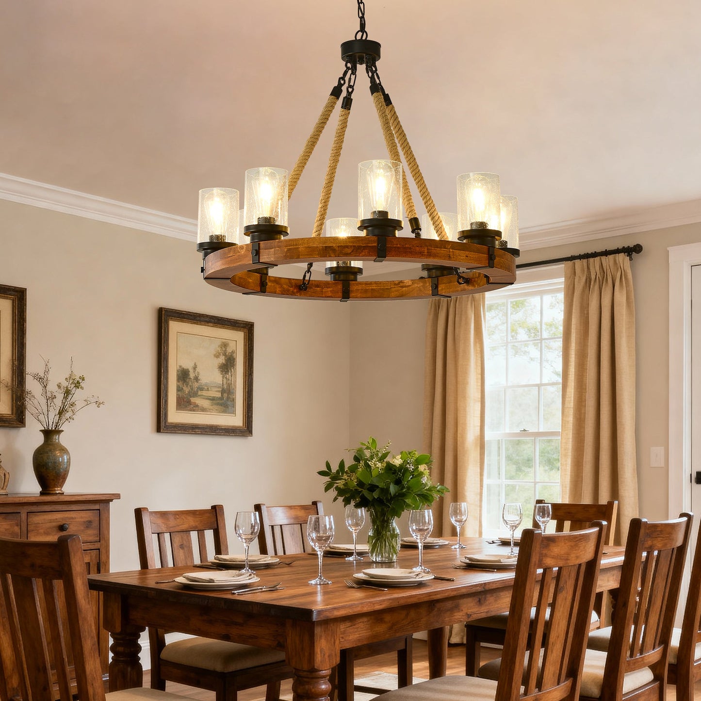 8 Light Rustic Wagon Wheel Chandelier, 31" Wooden Pendant Light with Seeded Glass Shade