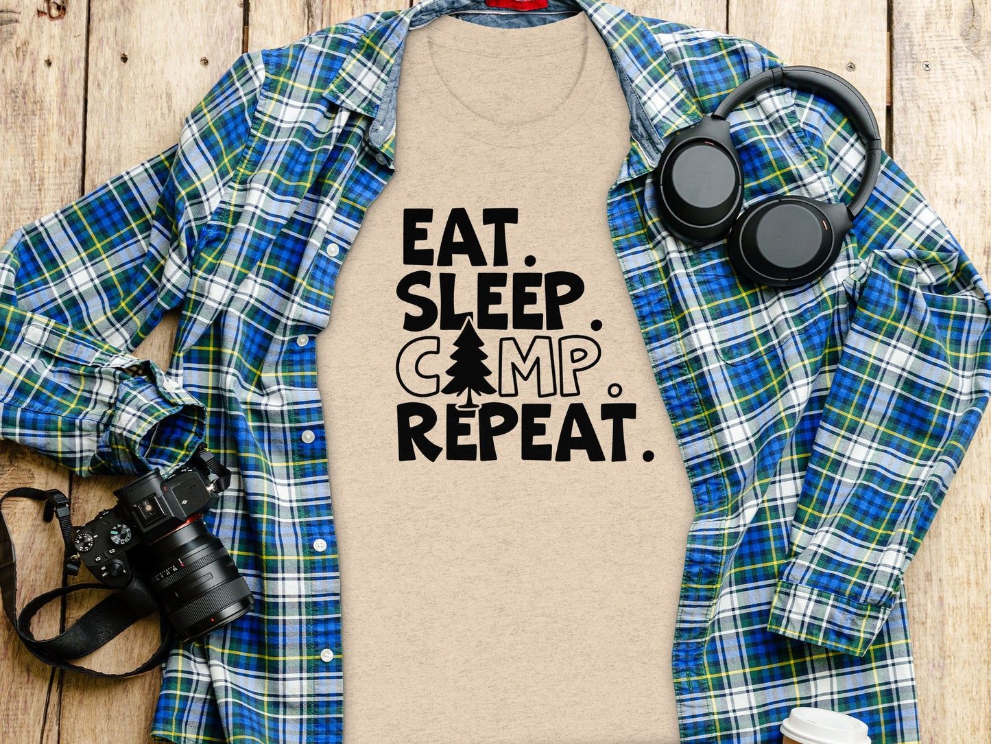 Eat Sleep Camp Repeat With Pine Tree Graphic T-Shirt