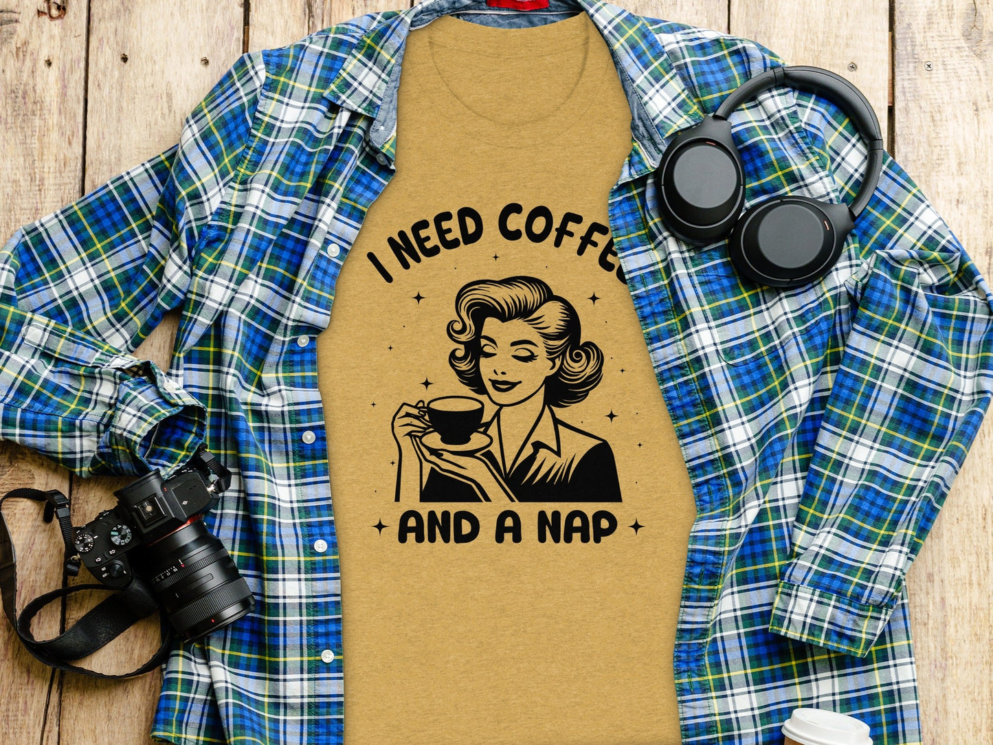 Retro Woman I Need Coffee And A Nap Graphic Design T-Shirt