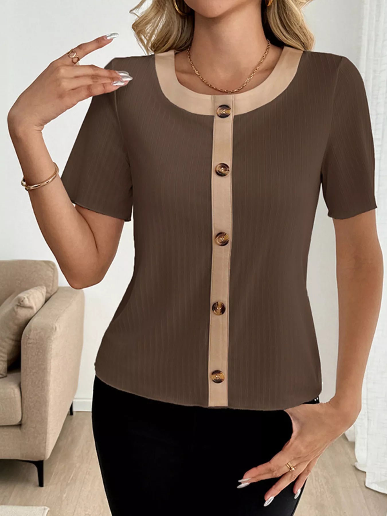Decor Button Round Neck Short Sleeve Blouse
